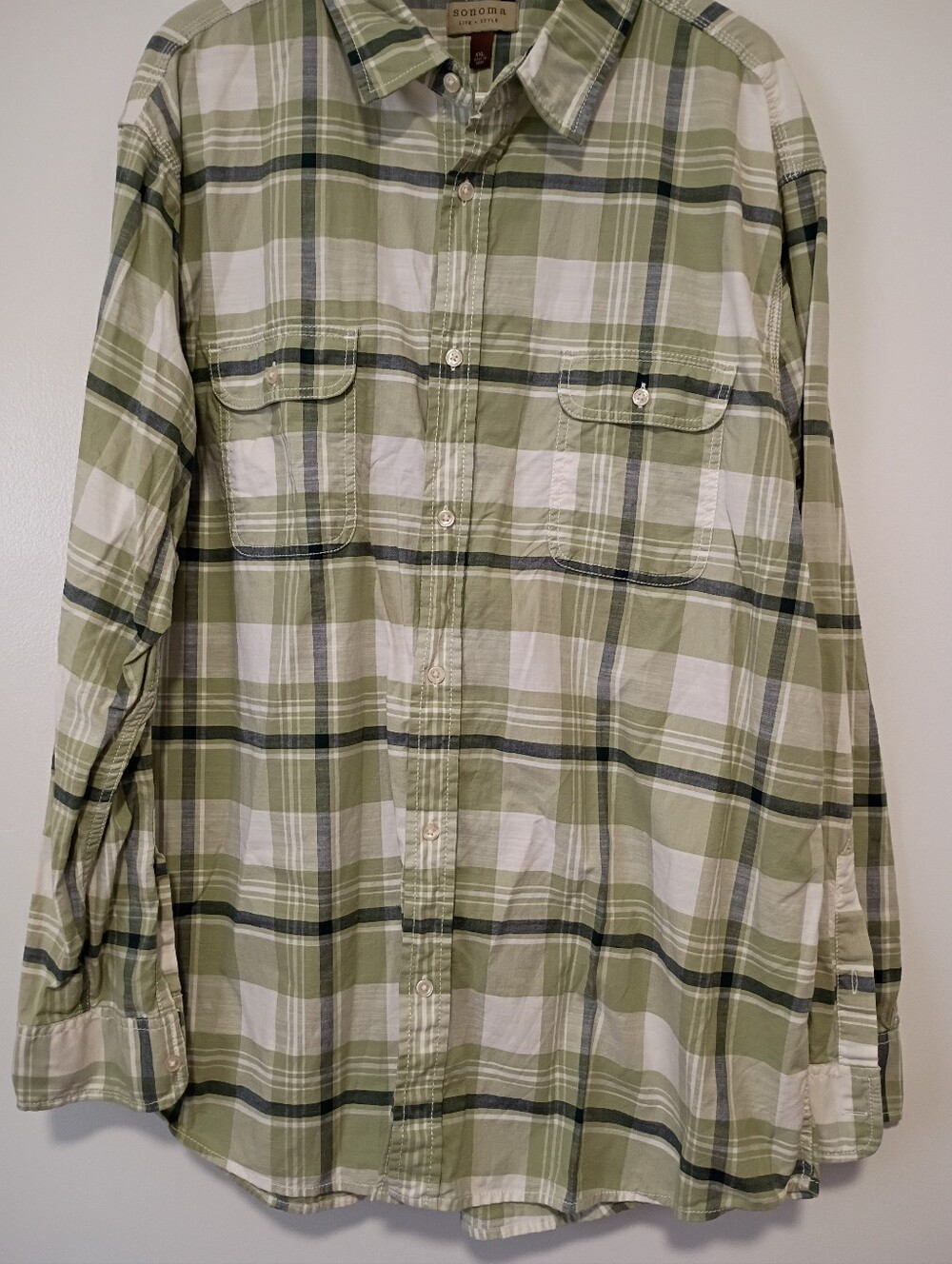 Sonoma Olive and White Plaid Button-Down Long Sleeve Mens Size XXL Shirt